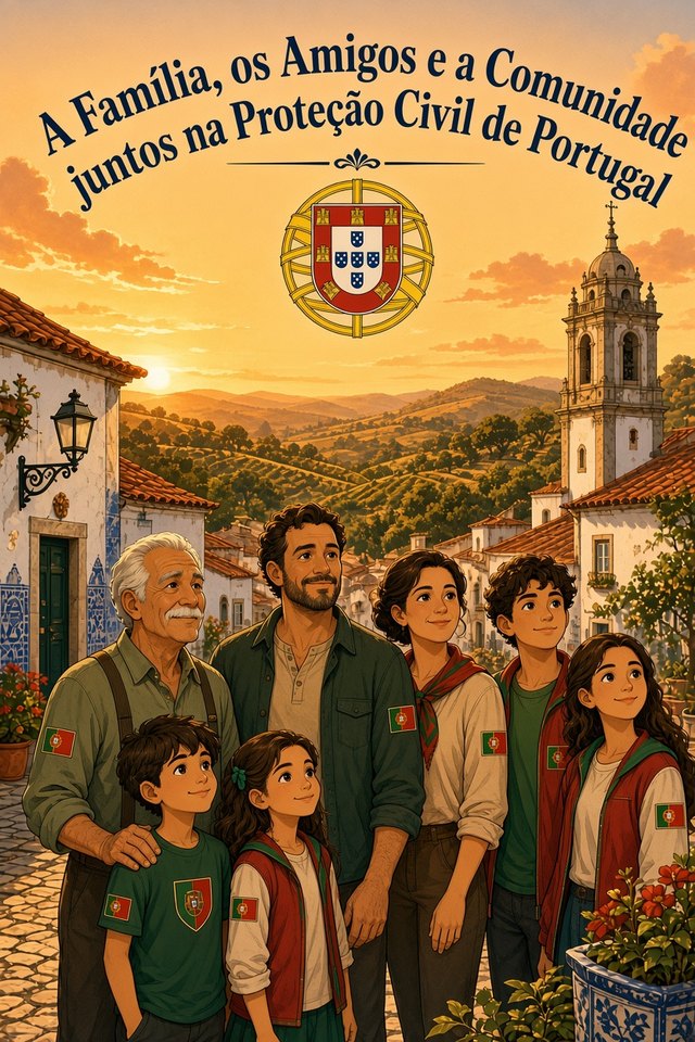 Capa da série de guias: família de três gerações com casacos verdes e vermelhos, numa aldeia portuguesa ao pôr do sol. Título: A Família, os Amigos e a Comunidade juntos na Proteção Civil de Portugal.